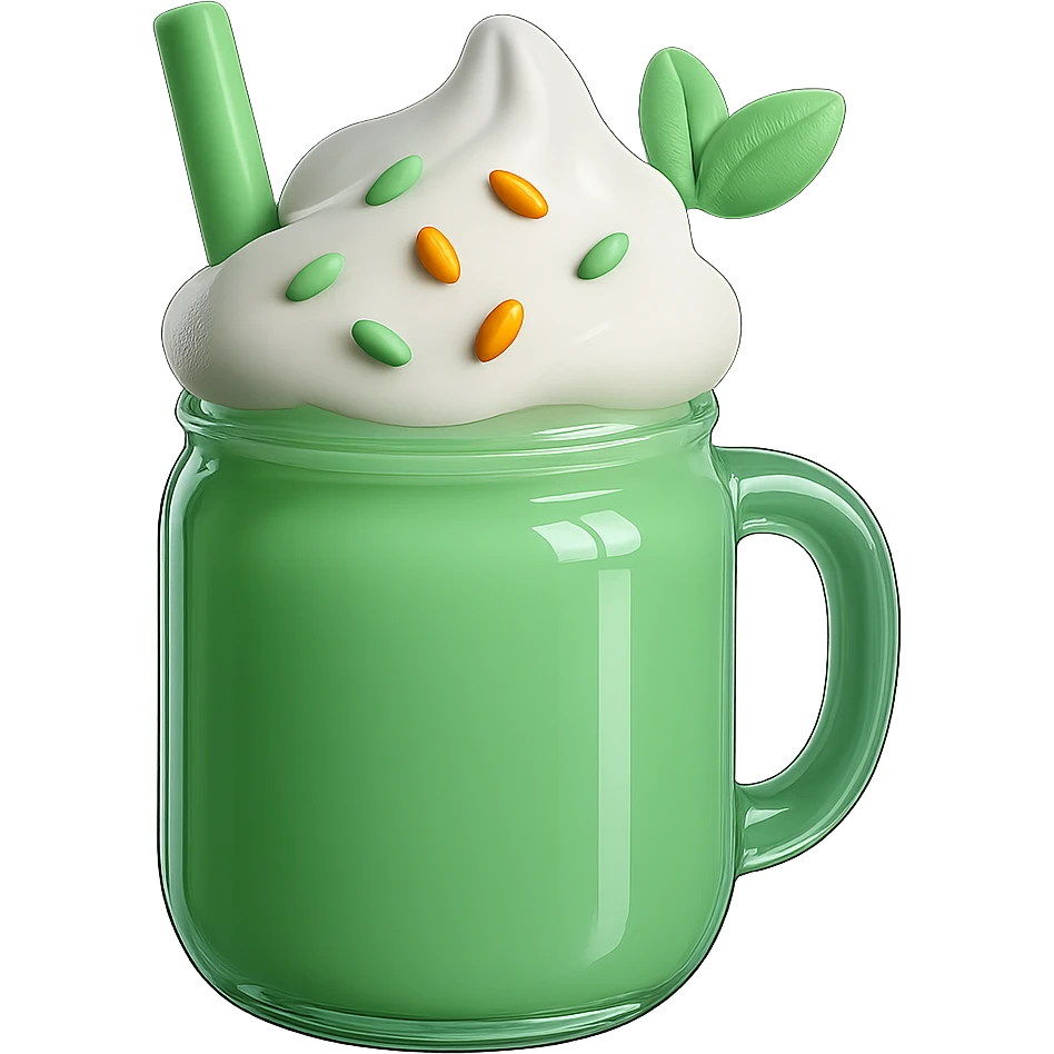 Make the mint green milkshake glossy and 3D with shiny highlights and reflections. Keep the mason jar, whipped cream, rainbow sprinkles, and mint leaf on top. Remove the background. emoji