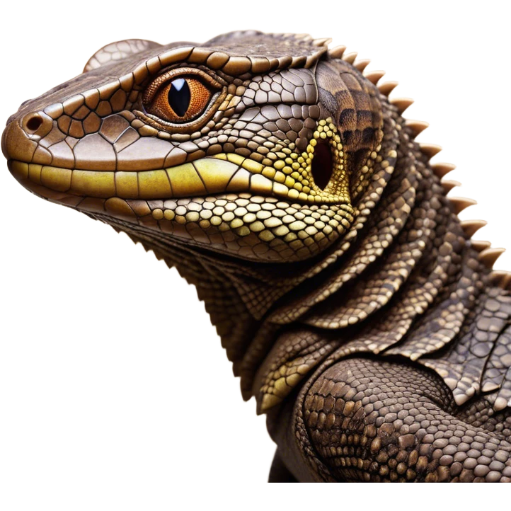 Cinematic Noble brown camo monitor Lizard Portrait Emoji, Poised and regal, with a robust, scaled body exhibiting striking, mottled patterns and piercing, alert eyes, Simplified yet sharp and sophisticated features, highly detailed, glowing with a soft, earthy glow, high shine, intelligent and formidable, stylized with an air of ancient wilderness, focused and commanding, soft glowing outline, capturing the essence of a watchful and confident reptilian guardian that appears ready to stride out of the screen with effortless authority! emoji