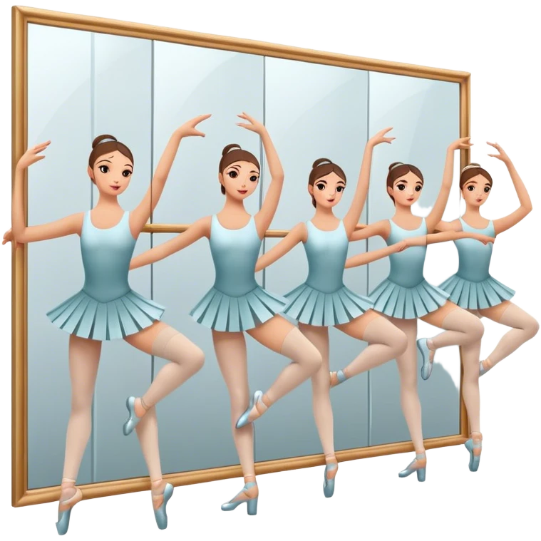 Icon for Choreography: a group of dancers in identical poses, standing by a wall with all wall long mirror, holding a long barre with one hand. The icon should capture the discipline and synchronized movement of dance training. Transparent background. emoji