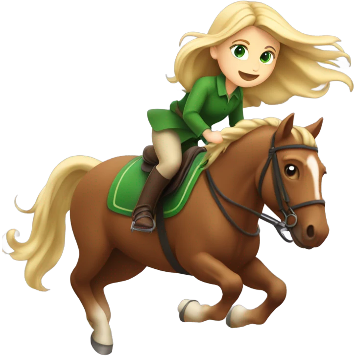 Girl with long blonde hair and green eyes on brown borse which is jumping  emoji