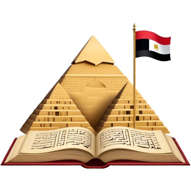 An icon featuring the Pyramids of Giza and the flag of an Arabic-speaking country, symbolizing the Arabic language. The design includes an open book with Arabic script and calligraphy, representing language learning and cultural heritage. Transparent background emoji