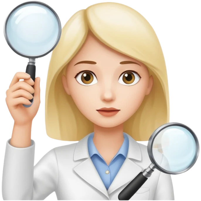 emoji of white empty shelf in perspective view with a woman nearby, she is looking at the shelfs with a magnifying glass emoji
