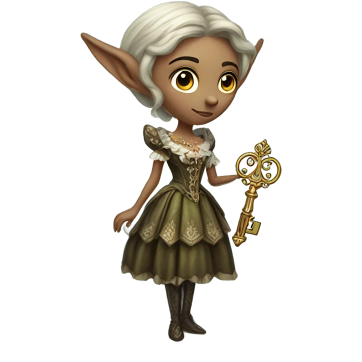 an elf woman login holding a big key in Victorian dress,  full body  emoji
