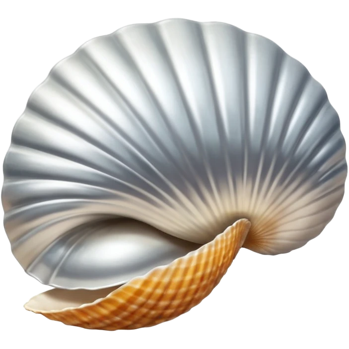 A seashell emoji made of polished silver chrome, smooth curved surface, reflective metallic highlights, elegant minimal design, iOS emoji style, centered, clean white background, soft lighting emoji
