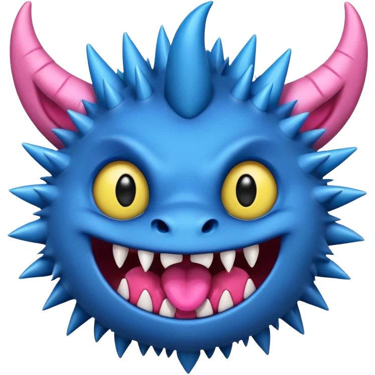 A blue monster with two small black horns, spiky fur, large round yellow eyes, a wide grin showing sharp teeth, and its tongue playfully sticking out to the side. emoji