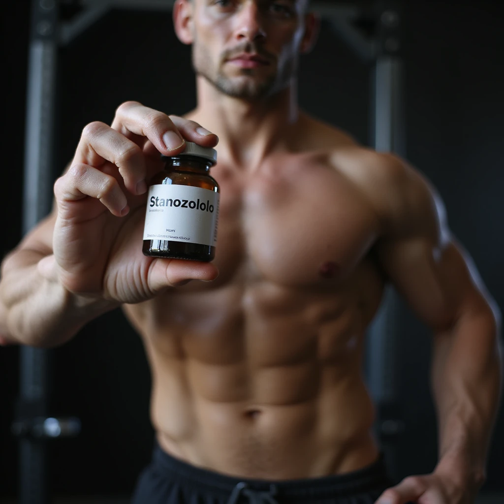 realistic photo of a crossfit athlete holding a vial labeled 'Stanozololo' in the foreground, visible muscles, neutral atmosphere, gym background emoji