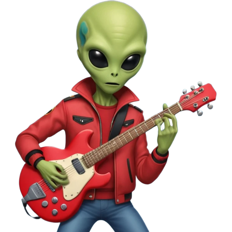 guitar rock player, aliens head, red jacket emoji