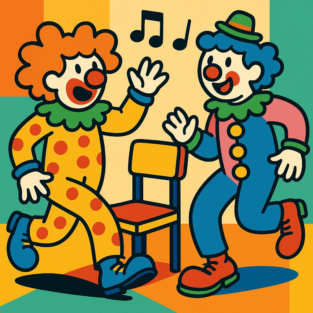 two clowns playing musical chairs, playful and colorful vibrant toon style emoji