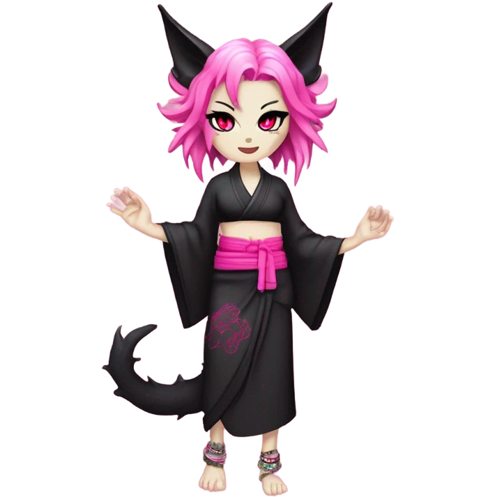 Full body female, succubus kitsune, neon pink eyes, vibrant pink hair, alabaster skin, fluffy black tails, pink tail tips, spiked choker, unique heritage, seductive charm, rebellious spirit, traditional kimonos, spiked anklets, and Barefoot 
 emoji