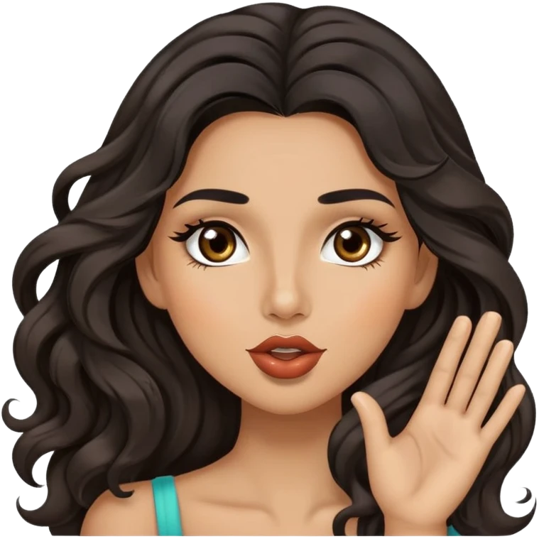 woman with olive skin, brown eyes and long lashes, and long black wavy hair blowing a kiss emoji