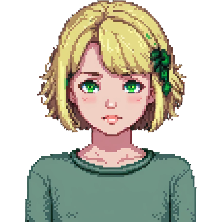 blonde girl with bob hair and green eyes looking embarrassed emoji