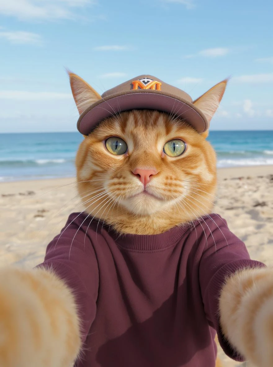 Orange tabby cat in a t-shirt and cap taking selfies against the background of beach and blue sea, shot with an 85 mm f/11 lens, ISO 100, 8K RAW, no blur emoji