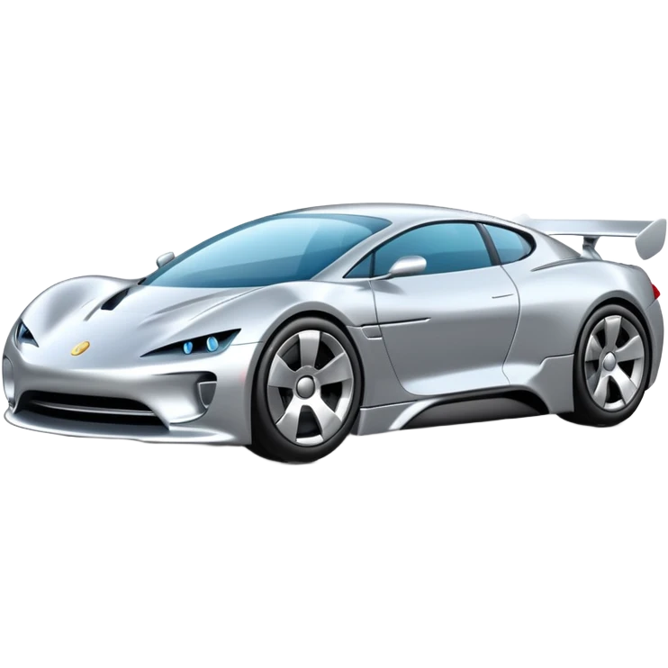 A low-profile futuristic car emoji made of polished silver chrome, wide body stance, smooth aerodynamic shape, glossy metallic surface, soft reflections, luxury swag aesthetic, minimal details, iOS emoji style, centered on clean white background, studio lighting emoji