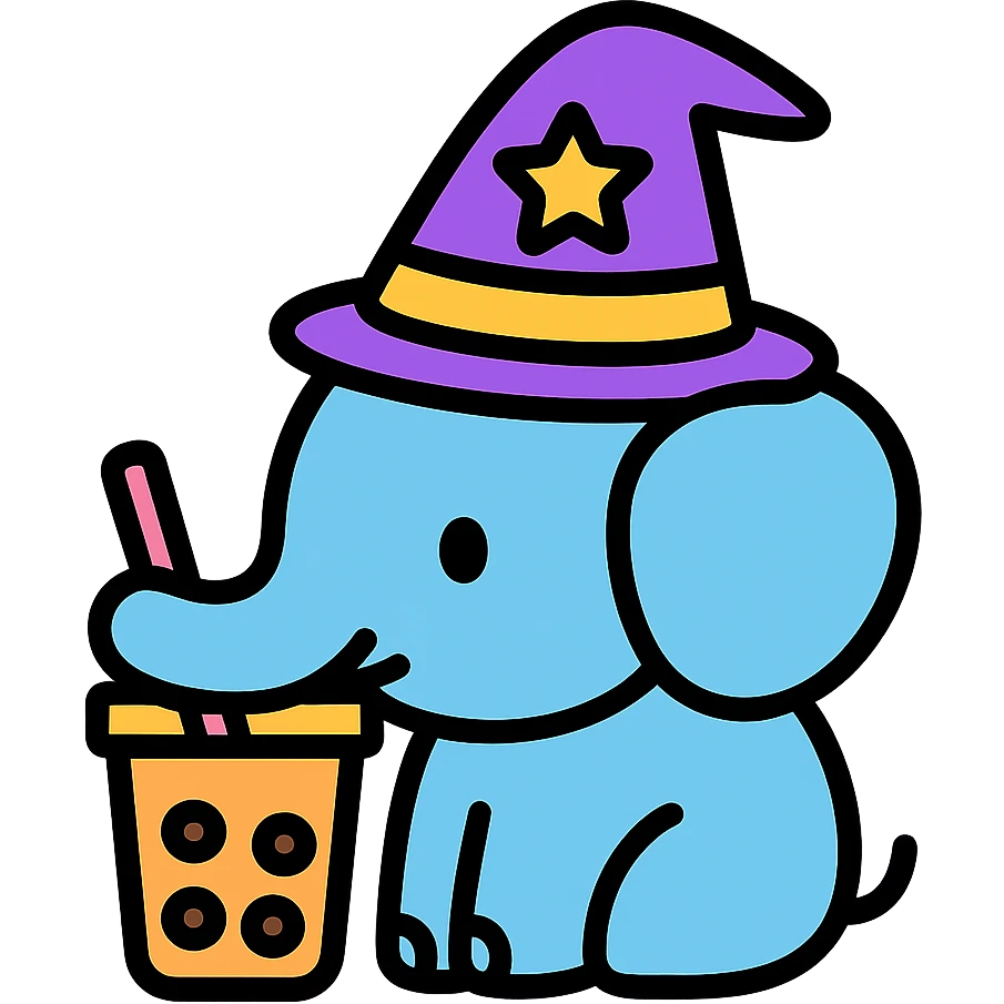 elephant with wizard hat and bubble tea, colorful outlines, modern icon style emoji