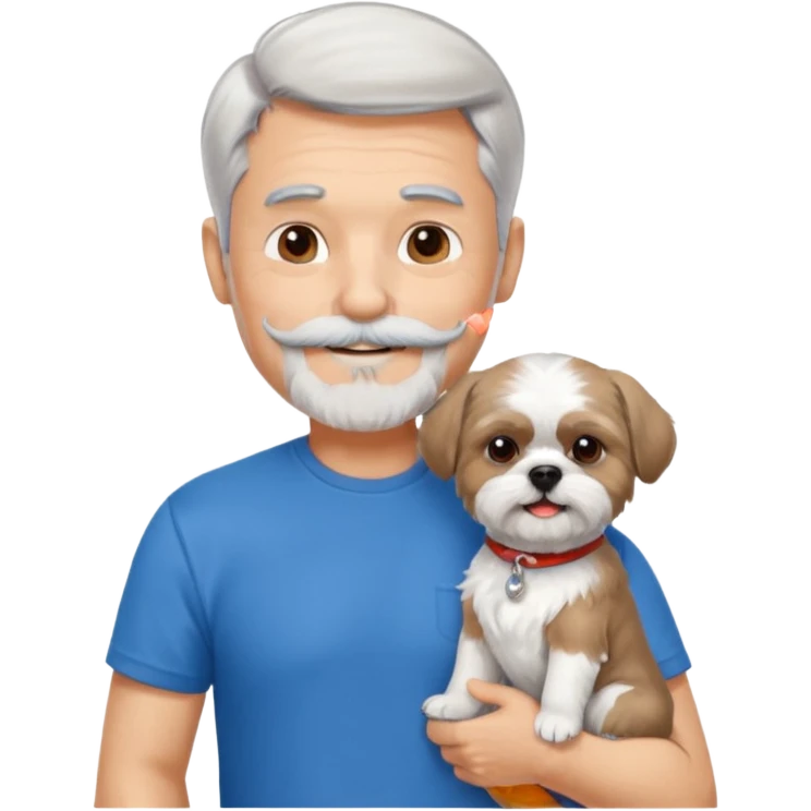 handsome gentleman, 60 years old, short silver hair, beard/moustache, wearing a blue t-shirt, smiling and holding a shih tzu emoji