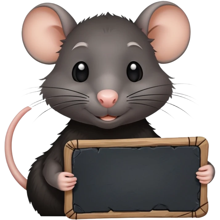 rat in all black, holds a slate, on which is written stevie ❤️ emoji