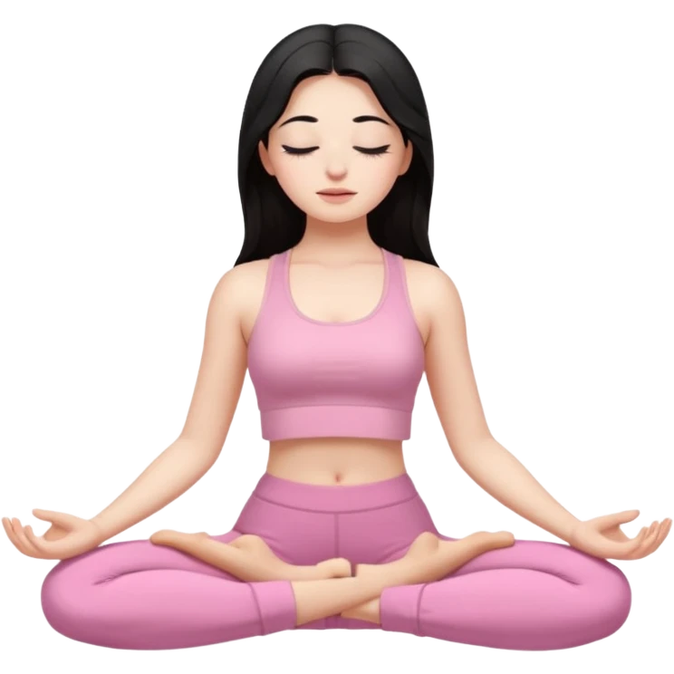 Brunette, Long and black hair, white skinne, light pink closets, crop top dressing, no makeup, closed eye girl in make yoga emoji