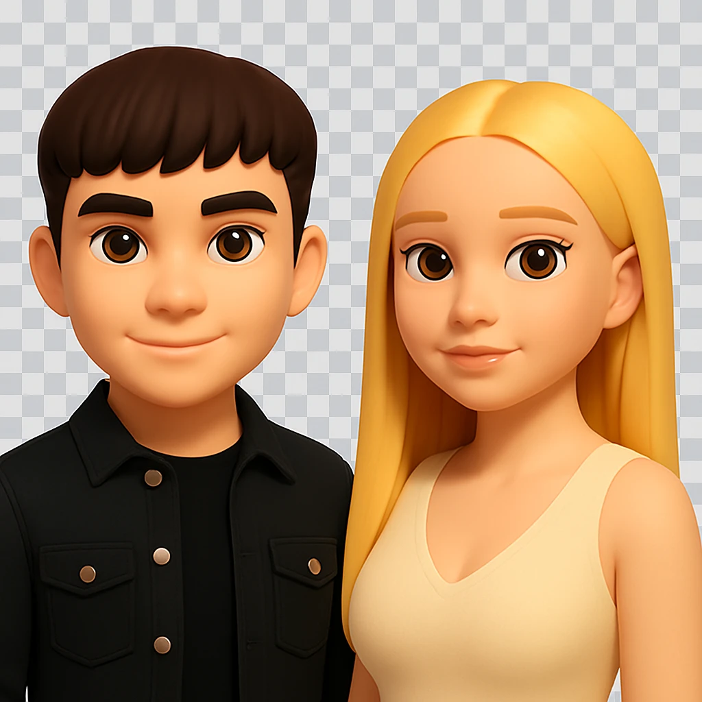 Slightly increase the volume of the upper body of the girl, separate the girl and the boy from each other, make the skin color the same for both characters. Maintain the cartoonish 3D style and keep the background transparent. emoji