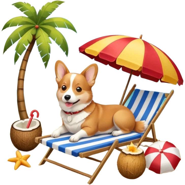 a corgi dog laied on a beach chair, a sunny beach, a sun umbrella, and beach coconut trees. the icon should capture the essence of a relaxing beach vacation with a carefree atmosphere emoji