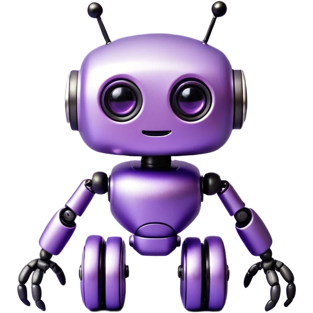 A small, kawaii-style robot inspired by the form of a minimalist machine. The robot is compact, purple-colored (lavender and metallic violet tones), with soft rounded features and a cute face with big shiny eyes. It has flexible, jointed arms and legs like adjustable rods, with black rubber “feet” and a subtle metallic frame. A coiled wire sticks out playfully like a tail. The robot is smiling or winking, radiating friendly and cheeky energy. Overall, it looks like a mix between a gadget, a helper bot, and a collectible mascot. Style: pastel emoji aesthetic, suitable for Instagram. emoji
