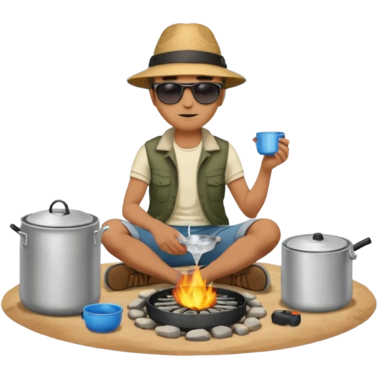 A man camper boiling water on a portable stove, enjoying the outdoor breeze sitting on the ground
 emoji