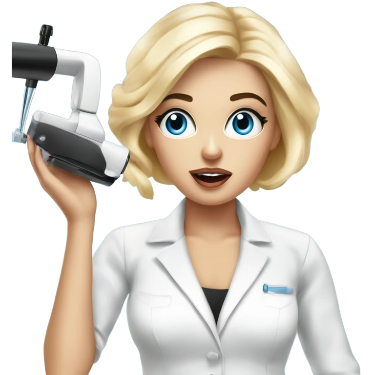  a surprised permanent makeup artist with a permanent makeup machine in her hands, a surprised blonde with blue eyes emoji