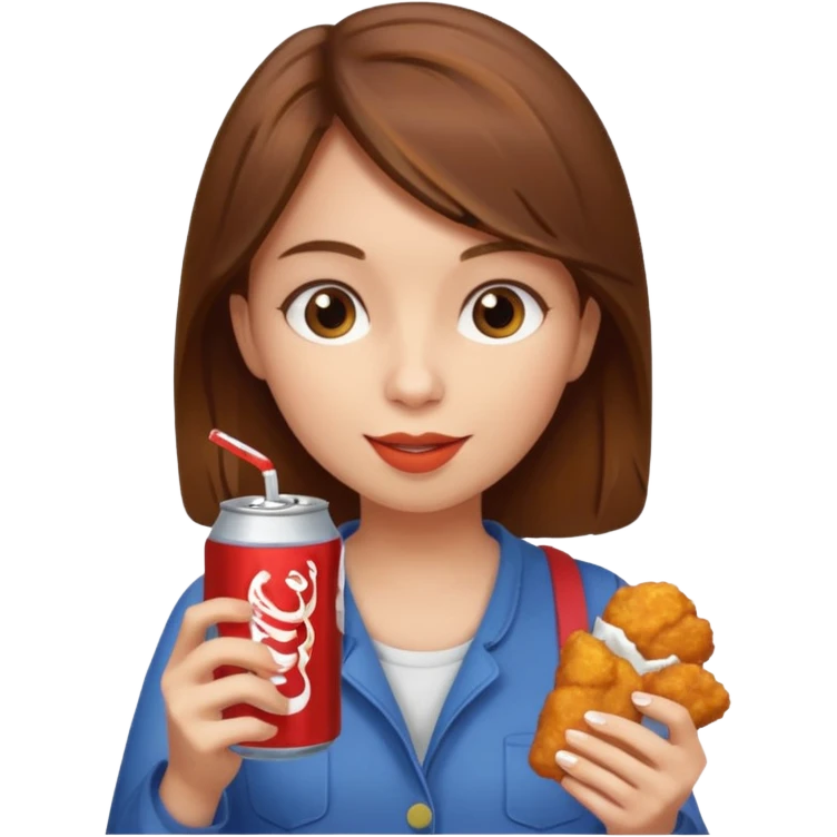 brown hair girl eating with mouth on the chicken nugget and holding a soda can emoji
