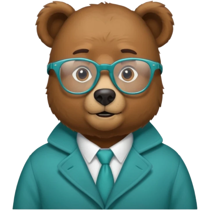 Un oso pardo con un abrigo ( color azul verdoso)y lentes emoji
