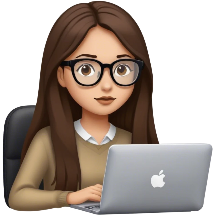 ragazza con capelli castani lunghi, occhiali neri, carnagione chiara, occhi castani, che naviga su Internet con il pc emoji