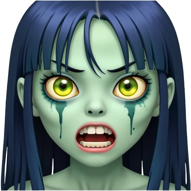 garota zumbi com Pele esverdeada ou azulada. Olhos grandes e amarelados. Cabelo preto, liso e longo, com franja reta. com a boca aberta mostrando dentes escuros. Aparência semelhante a figuras de terror, como fantasmas ou espíritos japoneses. emoji