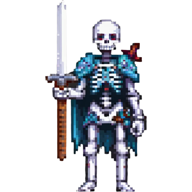pixel art skeleton with a sword raised, classic RPG look emoji