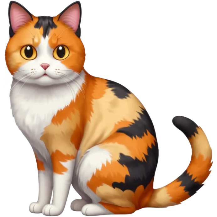 full body colourful calico cat with skinny head and fat body with an anxious face emoji