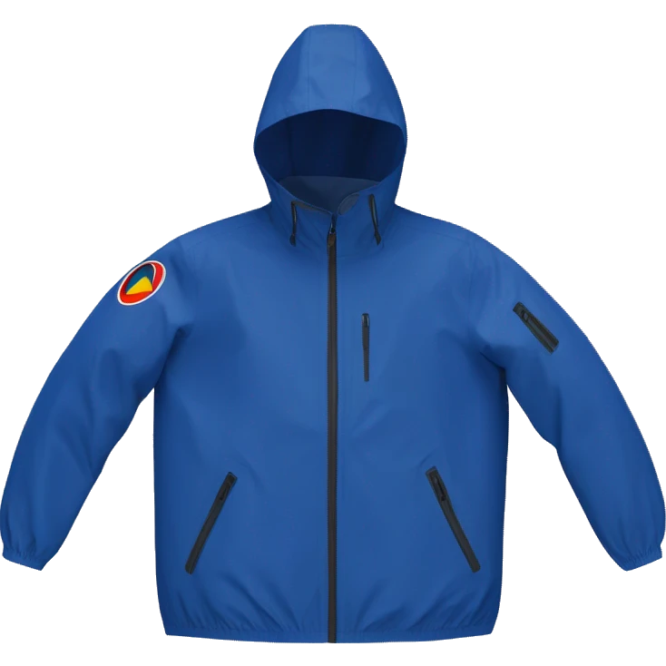 a waterproof K-Way jacket totally in blue royal marine color with hood and the central zip colored with this exact colors hex codes: #1C2747 #EC6E05 #F6DF12, just the object itself emoji