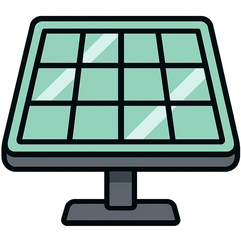 Skeuomorphic solar panel icon with mint green #B5F4D3 and black #111111 color scheme, showing a detailed panel with reflective surface and grid pattern, clean symmetric design with subtle depth and soft light emoji