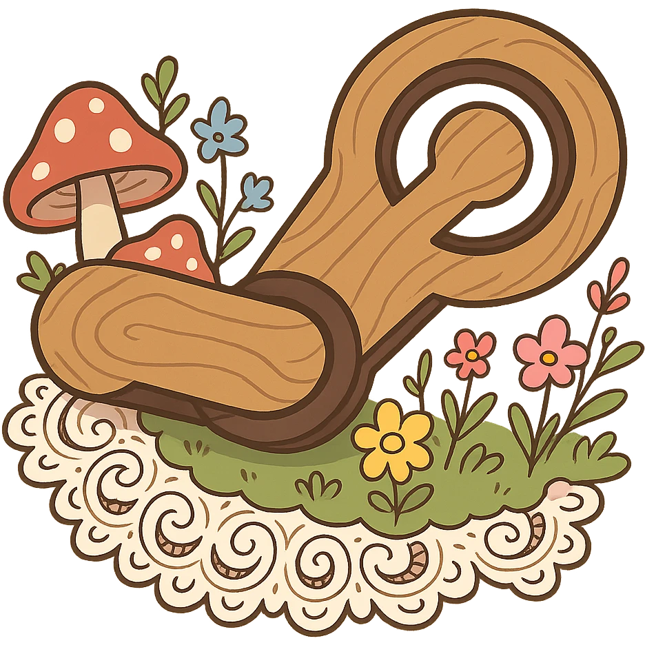 exaggerated cartoon cottagecore Steam logo made of thick rounded wood, huge lace trim, cartoon mushrooms, pastel wildflowers, whimsical fun, no text emoji