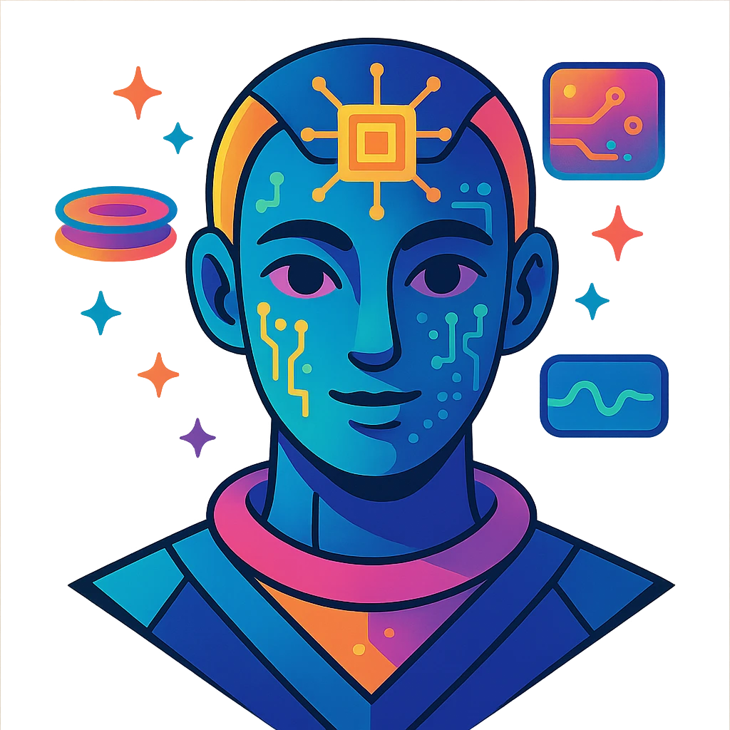 futuristic AI-Ambassador, abstract AI face with digital patterns, floating holographic elements, vibrant colors in vibrant toon style emoji