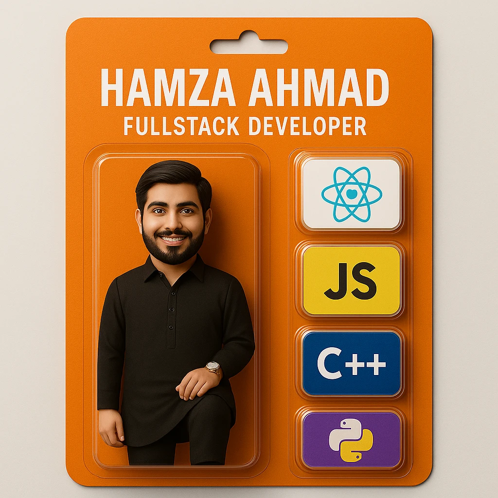 Create a realistic action figure toy of the person in the provided photos, matching the exact pose, sharp jawline, and hairstyle. The figure should be inside its own blister, wearing a black kurta, on a strong orange card. Next to the figure, include four separate blisters with the React logo, JS logo, C++ logo, and Python logo (no repeats). On top of the box, write 'Hamza Ahmad' and underneath, 'FullStack Developer'. Match the realism, proportions, and layout of the provided reference images exactly. emoji