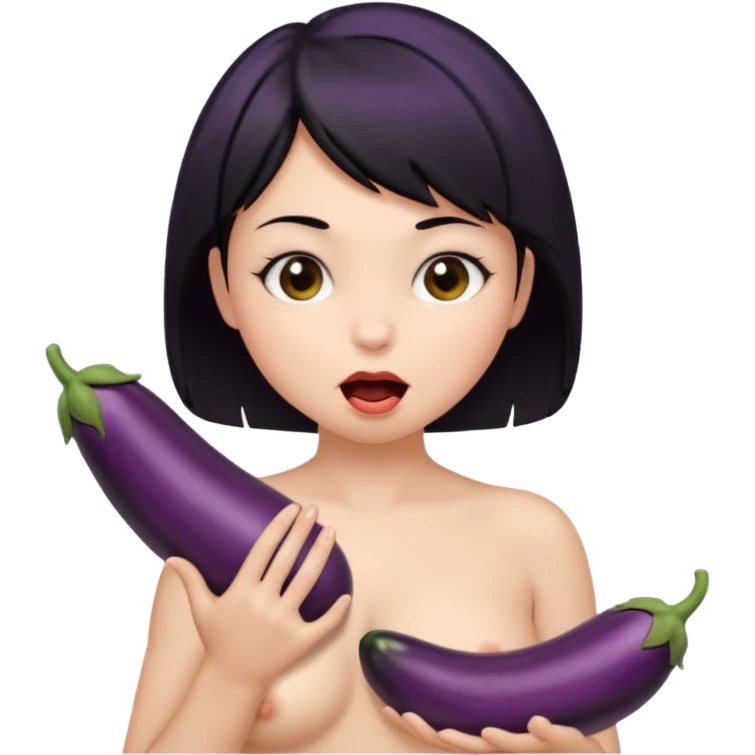nude girl, big tits, black short hair, the eggplant is deep in his mouth emoji