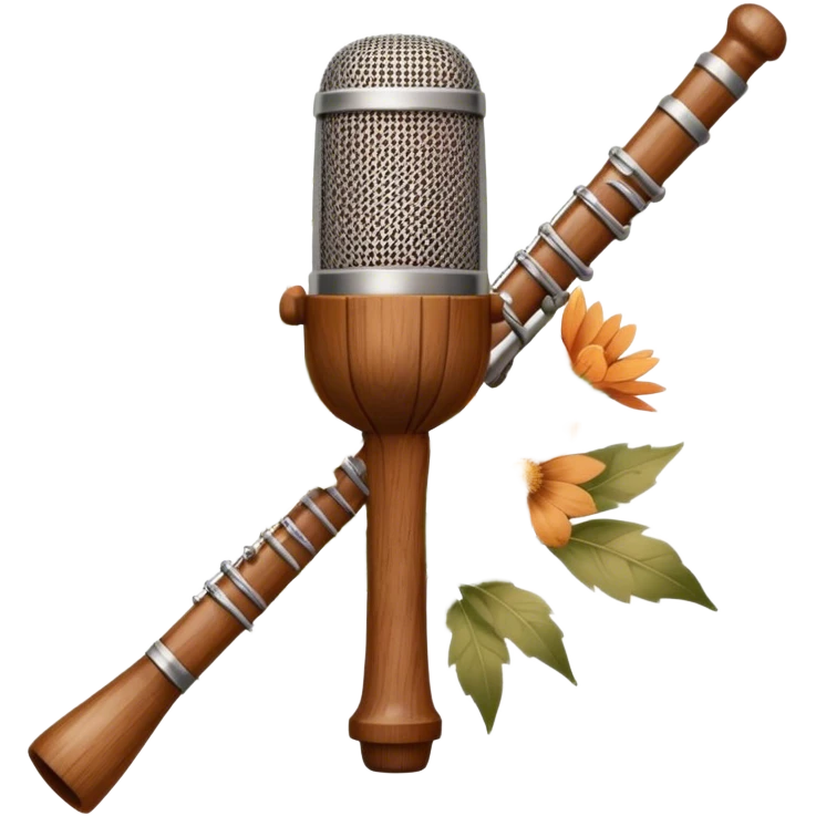 Create a traditional and warm emoji representing folk singing, using a humanless collage. The design should feature a rustic wooden microphone or an old-fashioned folk instrument like a balalaika, gusli, or a domra, placed alongside traditional elements such as a hand-woven scarf or a wooden flute. Include natural, earthy details like wildflowers, musical notes, and rustic textures, evoking the feeling of folk music in its purest form. Use warm, earthy colors like brown, gold, red, and green to create a cozy and organic vibe. The background should be transparent. emoji