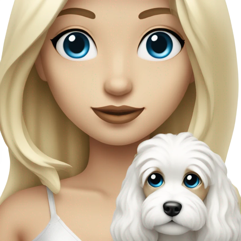 Blonde nightclub girl with blue eyes and long hair holding white cavachon dog emoji