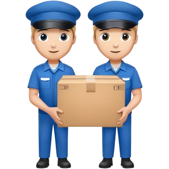 two workers in blue uniforms and caps holding a large box together emoji
