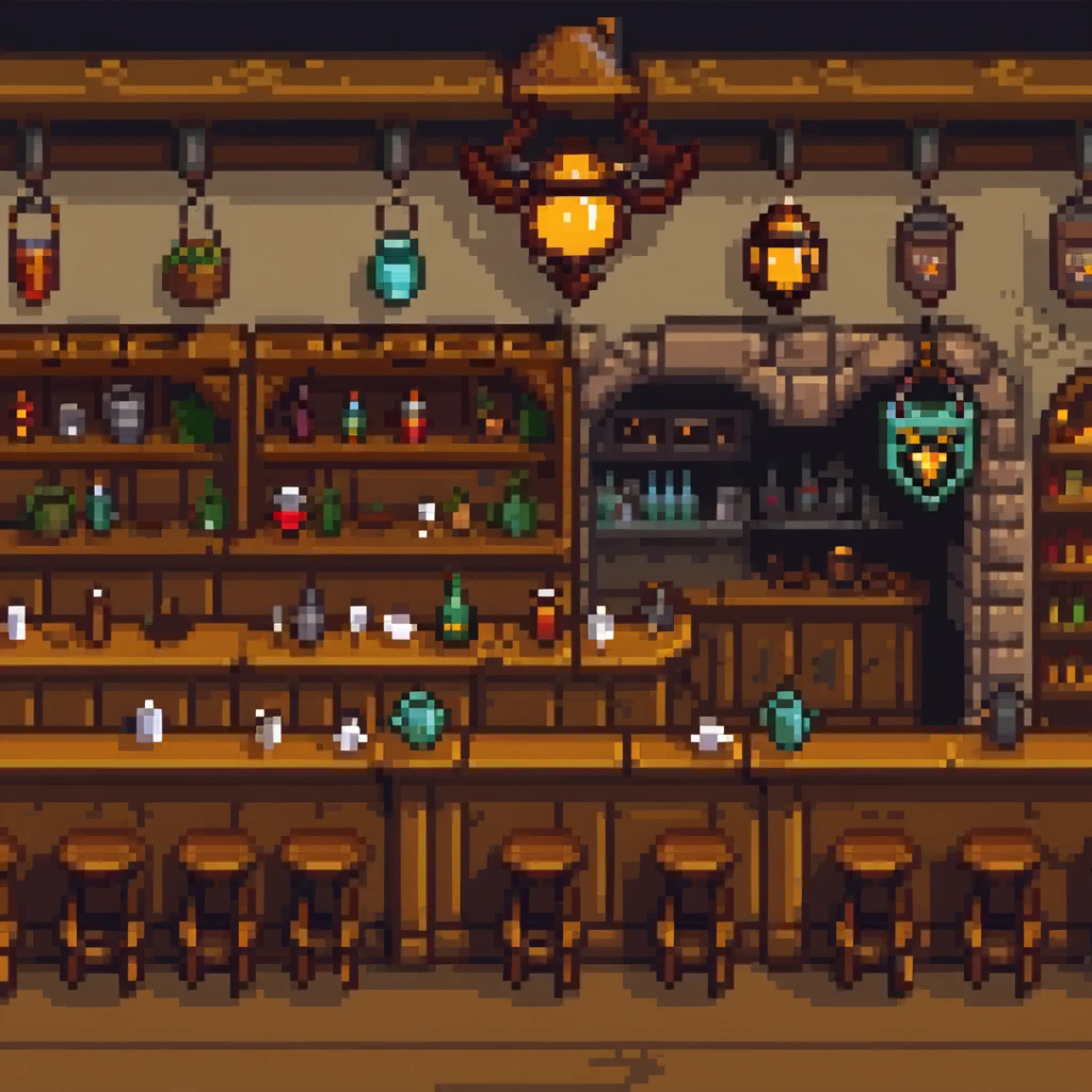 fantasy tavern interior with bar counter, stools, tables, and fantasy creatures enjoying drinks emoji