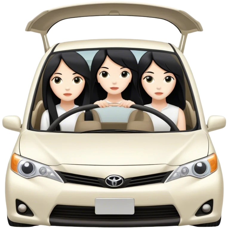 Two girls with long black hair, white, in ivory white Toyota car from far view  emoji