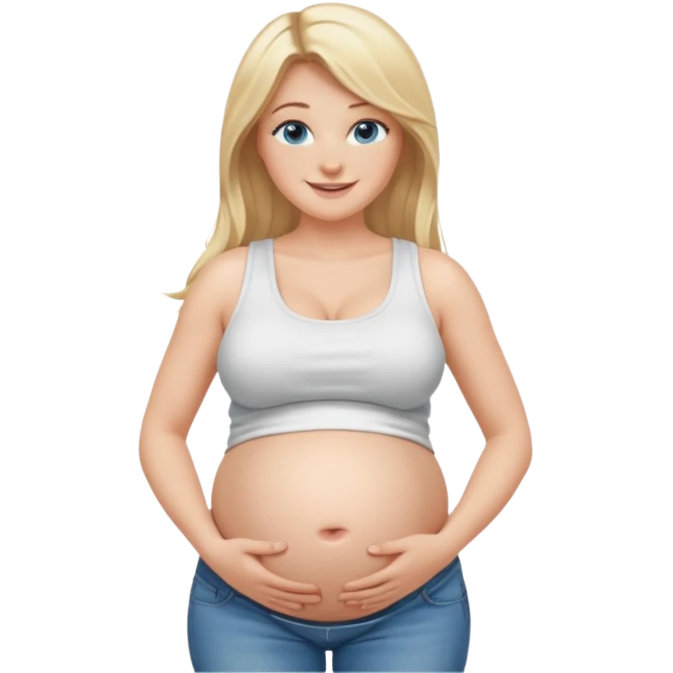 White girl, long blonde hair, white tank crop top, smiling, bare midriff, blue eyes, huge round pregnant belly, jeans. emoji