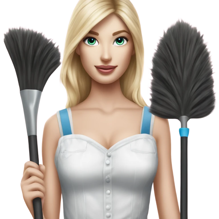 Photo of pale Victoria secret model dresses as a cleaner emoji