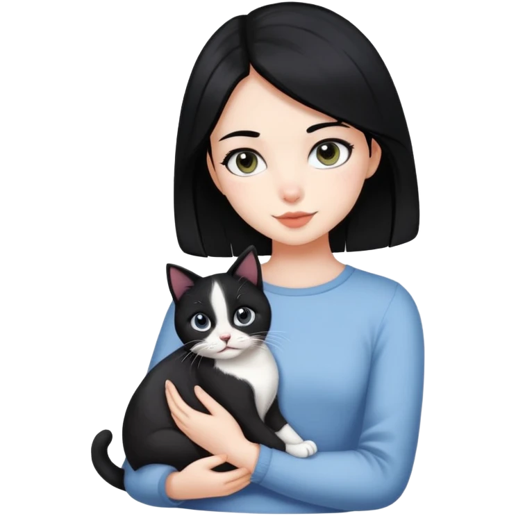 A pretty girl with black hair holding her black and white cat emoji