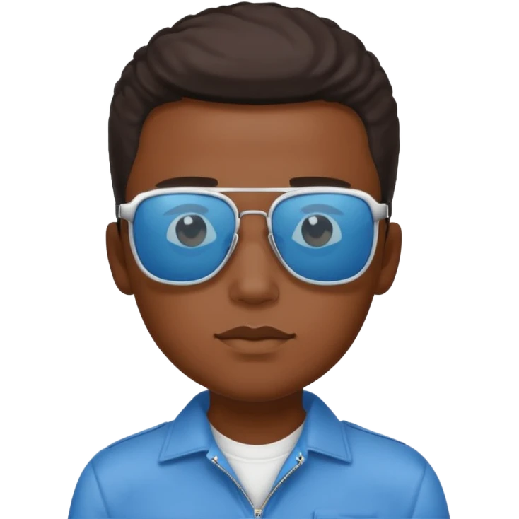 Un garçon noir avec des lunettes de soleil un peu bleu avec un cadran plutôt carré et SANS QU’ON VOIT SES YEUX. Et au dessus de sa tête il y a écrit BOUSS emoji