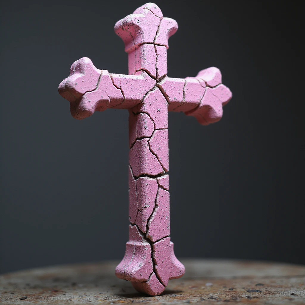 realistic gothic cross, pink with a cracked stone texture, photorealistic style, no background emoji