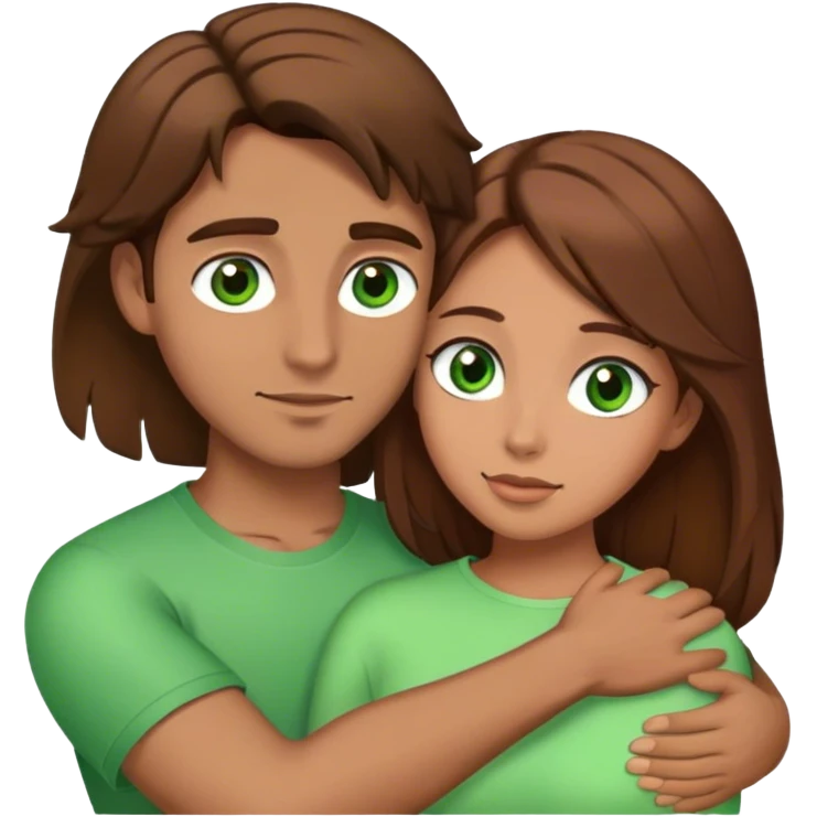 Man with brown hair and green eyes  hugs woman with brown hair and brown eyes emoji