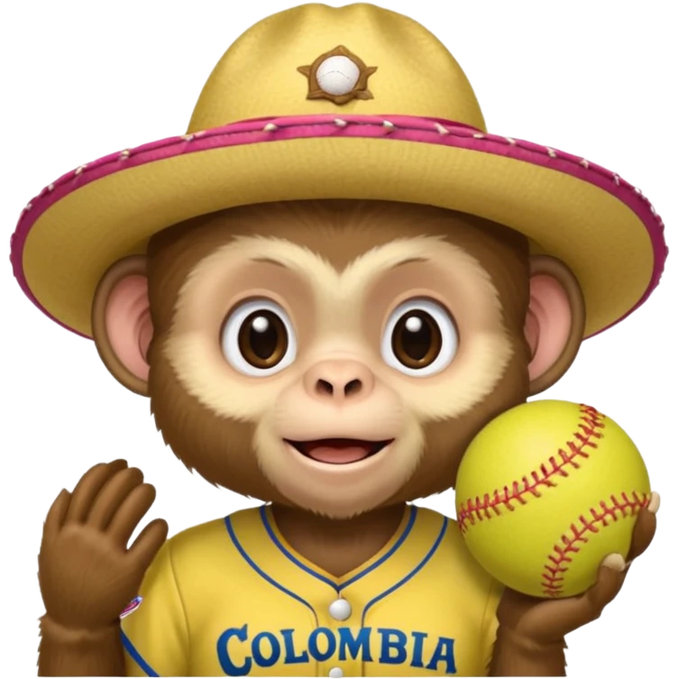 Crear una mascota que sea un mono capuchino sobre el cual predomine el color café, cara clara y expresiva, alegre, atlético, que lleve uniforme de softbol que diga Colombia, con un sombrero vueltiao' un poco inclinado que se vea personalizado con el nombre YAIFER emoji